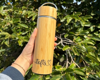 Personalized Bamboo Water Bottle Engraving Gift for Dad Custom Name Tea Tumbler Gift for Her Birthday Anniversary Your Text Wooden Thermos