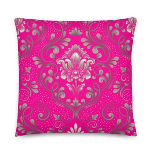 Pink Damask Gothic Glam Pillow, vintage pillow, Victorian gothic home decor, pink & grey pillow, pink gifts