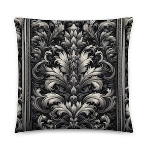 Gothic Whispers- Black Grey & White Gothic Damask Pillow, Gothic Pillow, Gothic Damask home decor, dark elegant home decor
