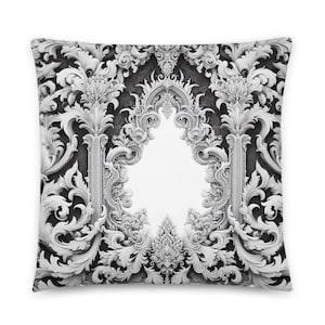 Celestial Portal White Damask Pillow, Ethereal Pillow, White Grey Pillow, White Grey Damask, White Gothic, Ethereal Decor