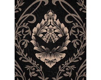 Victorian Gothic Bat Damask Sherpa blanket, Damask leaves and vine blanket, Gothic Blanket