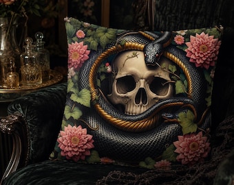 Eden's Revenge Pillow, Dark Romantic Decor, Snake Skull Art Cushion, Witchy Decor, Alternative Nature Throw Pillow