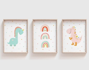 Dinosaur Nursery Prints, Pink Dinosaur Art Prints, Girl Dinosaur Bedroom Wall Art, Rainbow Wall Art, Digital Download