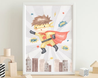 Superhero Wall Art Prints, Kids Room Poster, Playroom Prints, Boys Room Decor, Boy Superhero Printable, Watercolor Art Print, You're my Hero