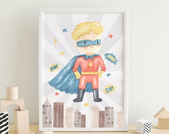 Superhero printable, Superhero wall art, Watercolor superhero, Boys room decor, Superhero prints, Playroom wall decor, Superhero poster