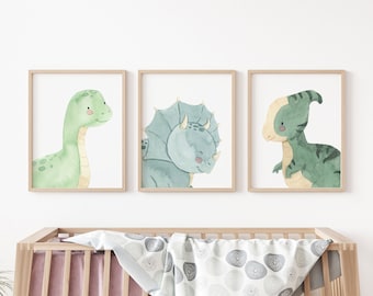 Dinosaur printable wall art, Watercolor dinosaur prints, Set of 3 dinosaur wall decor, Boys room decor, Nursery wall art