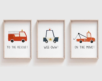 Rescue Vehicle Prints, Cars Boys Room Prints, Boys Nursery Decor, Transportation Wall Art, Kids Room Art, Boys Room Decor, Playroom Art