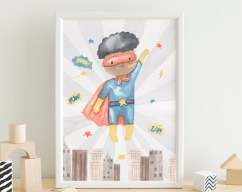 Superhero Wall Art Prints, Watercolor Superhero Printable Poster, Superhero Boys Bedroom Decor, Kids Room Wall Art, Playroom Prints