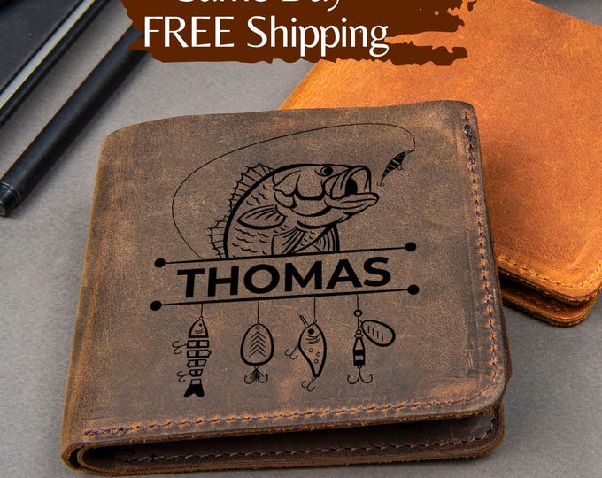 Fishing Wallet Personalized, Gift for Fisherman, Fishing Gift for Boyfriend, Engraved Leather Wallet, Anniversary Gift for Him, Father, Dad