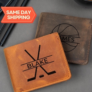Regalo de hockey, billetera personalizada, regalo de entrenador de hockey, regalos de equipo, regalos para la noche de los mayores, billetera de cuero grabada para hombres, billetera personalizada para él