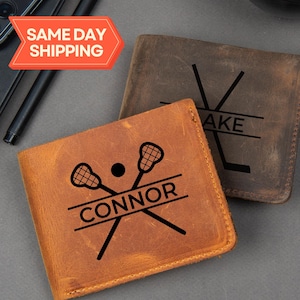 Regalo de lacrosse, billetera personalizada, regalo de entrenador de lacrosse, regalos de equipo, regalos para la noche de los mayores, billetera de cuero grabada para hombre, billetera personalizada para él
