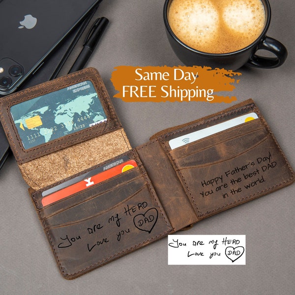 Personalized Leather Wallet For Men Custom Engraved Leather Wallet for Dad, Husband, Boyfriend & Son   Handmade Trifold Wallet Gift For Him