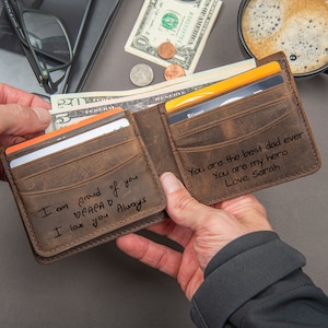 Regalos para el día del padre, billetera de cuero con escritura a mano, billetera grabada personalizada, billetera con monograma, regalos personalizados para él, billetera personalizada para él