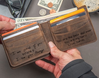 Fathers Day Gifts, Leather Handwriting Wallet, Custom Engraved Wallet, Monogrammed Wallet, Personalized Gifts For Him, Custom Wallet for Him