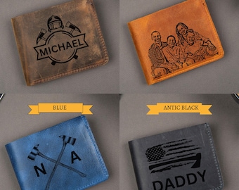 Gift For Firefighter Personalized Leather Wallet Engraved Fire Department Gift For Him Genuine Cowhide Wallet Custom Text And Photo