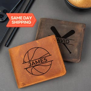 Cartera personalizada de baloncesto, regalo para entrenador de baloncesto, regalos de equipo, noche de graduación, cartera de cuero grabada para hombre, cartera personalizada para él