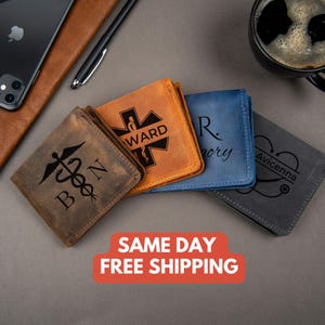 Regalo de médico personalizado, regalo de graduación para hombres, regalo de graduación de estudiantes de medicina, billetera de cuero para nuevos médicos, enfermeros, médicos