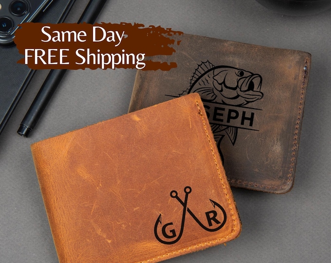 Fishing Gift for Men, Fishing Hook Personalized Leather Wallet, Fisherman Hunting Gift for Boyfriend, Custom Bass Fish Engraved Gift for Him