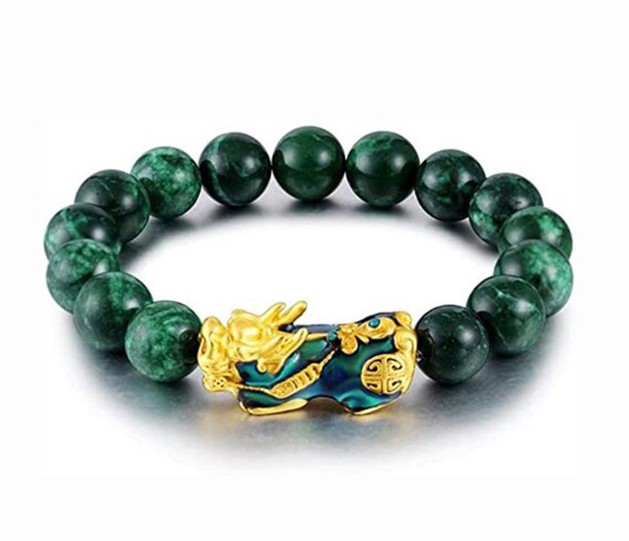 3D Temperature Changing Pixiu Green Jade Stone Bead Bracelet Green