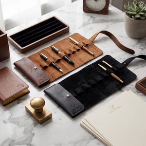 Op de afbeelding: Een assortiment luxe schrijftoebehoren, waaronder leren pennenkokers in bruin en zwart, verschillende vulpennen, een messing brievenweger en een klein leren notitieboekje. Een houten pennenbakje en een klok zijn ook zichtbaar.