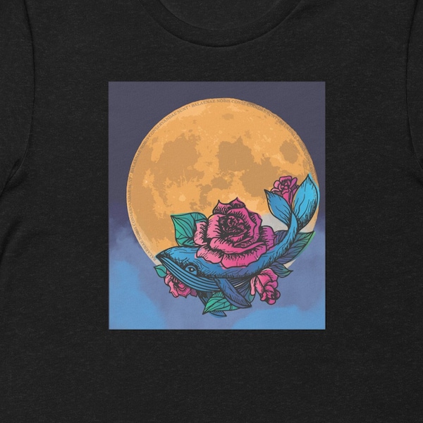 Whale in Roses with a FullMoon illustration unisex t-shirt. FREE SHIPPING