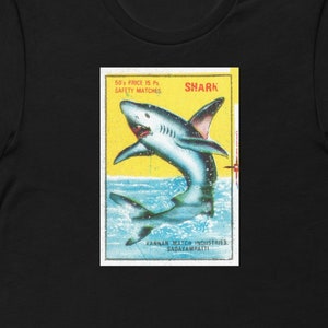 Matchbox label design. Shark with teeth. Underwater terror! Unisex t-shirt. FREE SHIPPING