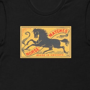 Matchbox label Design. Prancing Majestic black Horse. Unisex t-shirt. FREE SHIPPING
