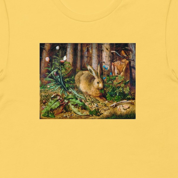 Hare in a Pine Forest with Lady's Mantle unisex t-shirt. Rabbit in the woods. FREE SHIPPING