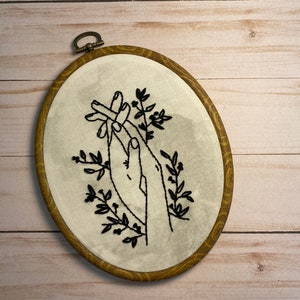 INTERTWINED HANDS Embroidery on 7.5 x 6" Faux Wood Oval Hoop | Handmade Finished Embroidery, Wall Art, Wall Decor, Home Decor, Couples