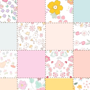 May include: A patchwork quilt design with a variety of floral patterns in pink, yellow, and blue. The quilt is made up of nine squares, each with a different floral design.