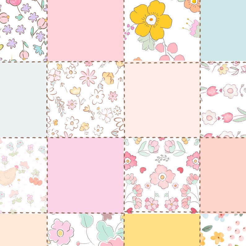 May include: A patchwork quilt design with a variety of floral patterns in pink, yellow, and blue. The quilt is made up of nine squares, each with a different floral design.