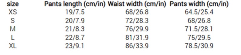 Op de afbeelding: Een tabel met de maten, lengtes, taillewijdte en broekwijdte in centimeters en inches. De maten omvatten XS, S, M, L en XL.