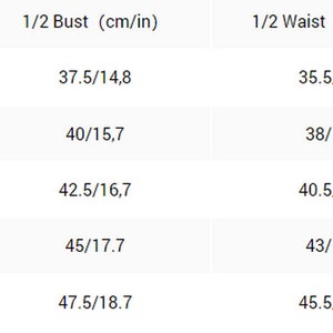 May include: Size chart showing measurements in inches and centimeters for a garment. The chart includes sizes S, M, L, XL, and XXL, with measurements for length, 1/2 bust, 1/2 waist, and cup size.