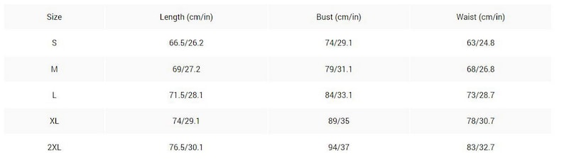 May include: Size chart showing measurements in inches and centimeters for a garment. The chart includes sizes S, M, L, XL, and 2XL, with corresponding bust, waist, and length measurements.
