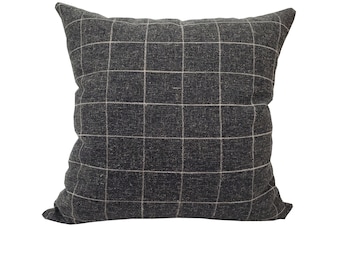 Windowpane charcoal black plaid woven wool pillow cover | WILLIAM