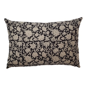 Black floral block print pillow cover | Natural cushion | Hand block floral | PENELOPE