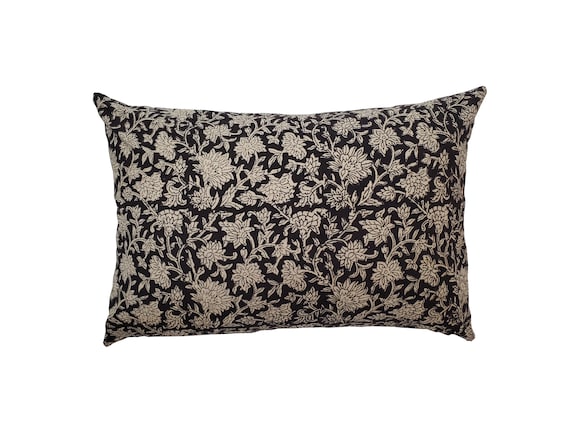 Black floral block print pillow cover | Natural cushion | Hand block floral | PENELOPE