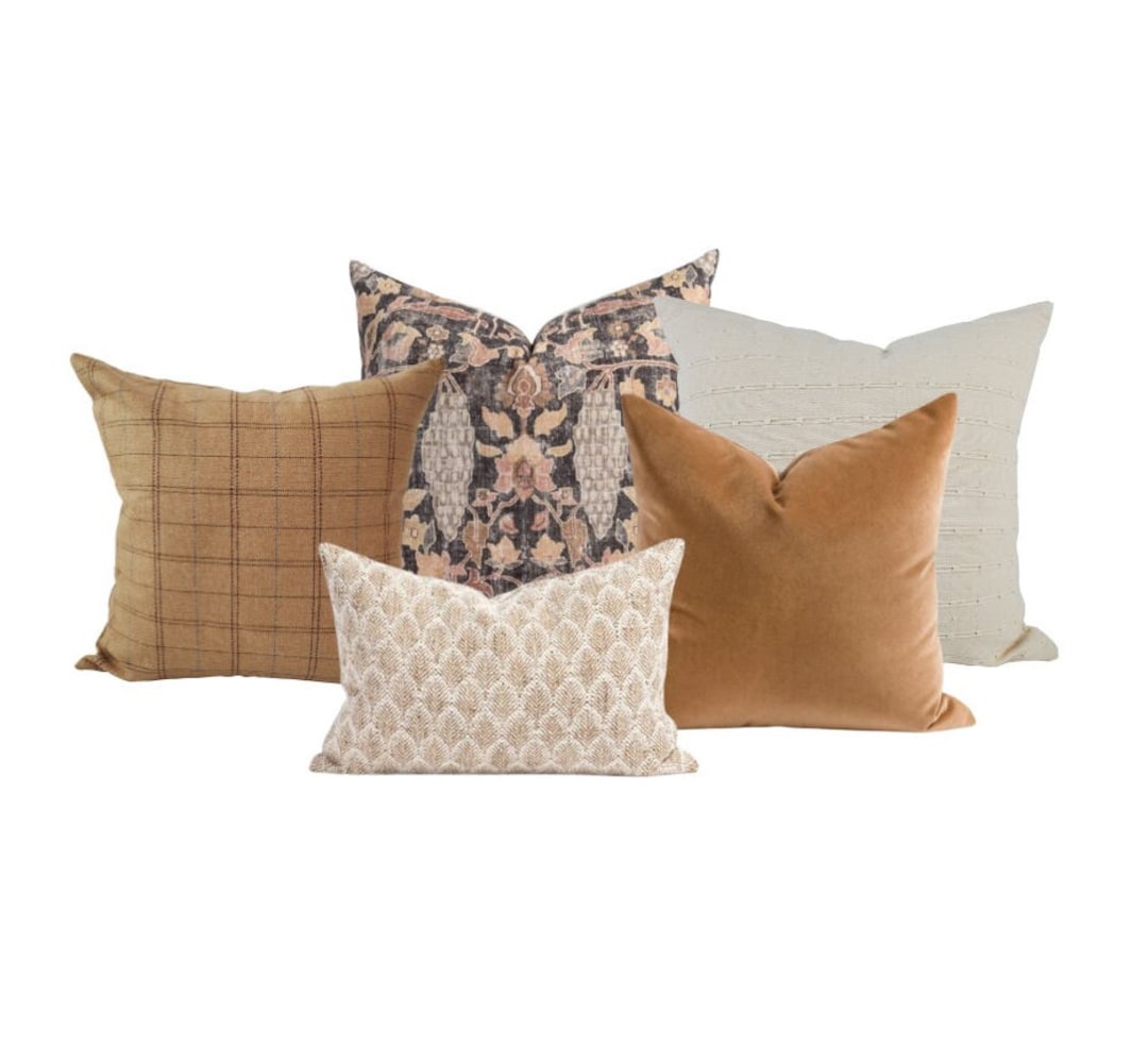 Throw Pillow Combination Set, Brown Natural Fall, Plaid Pillow, Hand Blockprint Pillow Set Combo