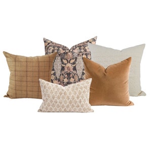 Set di cuscini decorativi, marrone naturale autunnale, cuscino a quadri, set di cuscini con stampa a mano / Combo n. 517