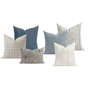 Throw Pillow Combination Set, Blue Neutral Natural, Transitional Cushions, Plaid Modern Geometric pillow set | Combo No. 601