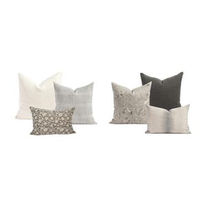 Blue Grey Neutral Natural, Throw Pillow Combination Set, Transitional Floral Cushions, Stripe Modern Pillow set | Combo No. 602