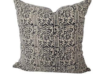 Black block print floral pillow cover |  Designer linen pillow cover | Decorative cushion cover | STELLA