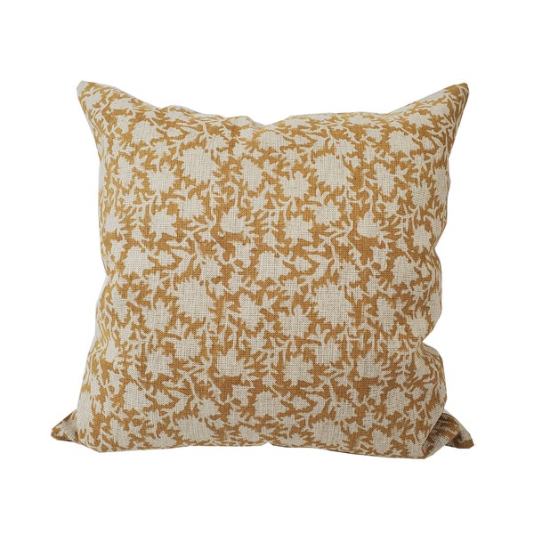 Block print gold floral pillow cover | Designer linen ochre cushion cover | Decorative yellow cover | GOLDIE