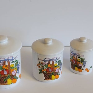 Vintage three canisters set Korea 1950s basket with fruit