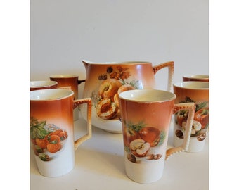 Vintage Dresden Porcelain Pitcher and 7 Cups apples strawberries