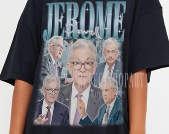 May include: Black t-shirt featuring a graphic of a man with the name "JEROME" above. The graphic includes multiple images of the man in suits and ties. The shirt is oversized and has short sleeves.