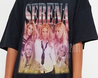Könnte beinhalten: Schwarzes Oversize-T-Shirt mit einem Grafikdruck einer Gruppe von Frauen mit dem Text "Serena" und "Van Wooden" auf der Vorderseite.