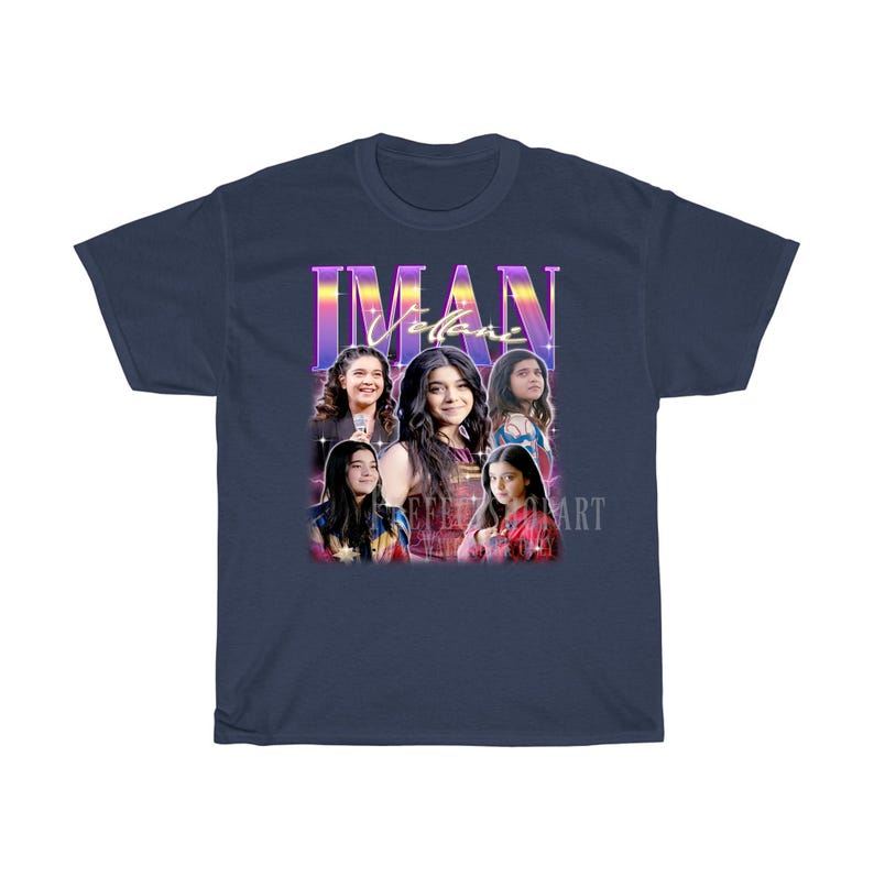 May include: A navy blue t-shirt with a retro-style graphic featuring a group of young women with the text "Iman Villane" in a colorful, stylized font.