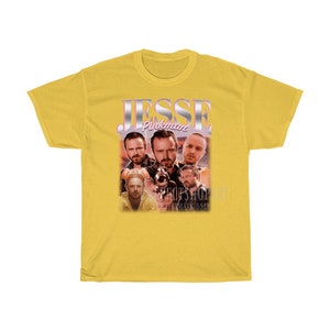 May include: Yellow t-shirt with a vintage-style graphic of Jesse Pinkman from the TV show Breaking Bad. The graphic features multiple images of Jesse Pinkman, including one with a gun.