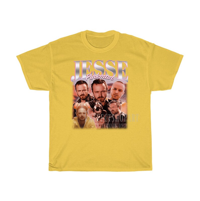 May include: Yellow t-shirt with a vintage-style graphic of Jesse Pinkman from the TV show Breaking Bad. The graphic features multiple images of Jesse Pinkman, including one with a gun.